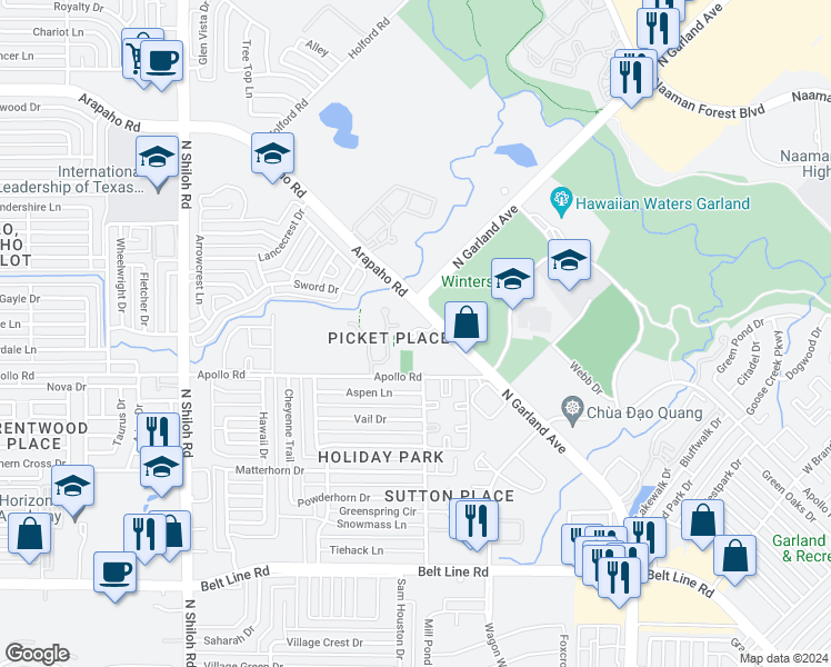 map of restaurants, bars, coffee shops, grocery stores, and more near 3935 North Garland Avenue in Garland