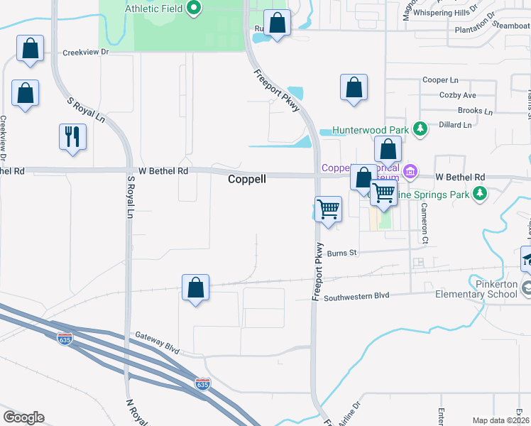 map of restaurants, bars, coffee shops, grocery stores, and more near 777 Freeport Parkway in Coppell