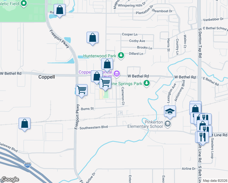 map of restaurants, bars, coffee shops, grocery stores, and more near 718 South Coppell Road in Coppell