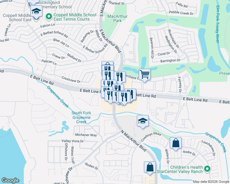 map of restaurants, bars, coffee shops, grocery stores, and more near E Belt Line Rd & S MacArthur Blvd in Coppell