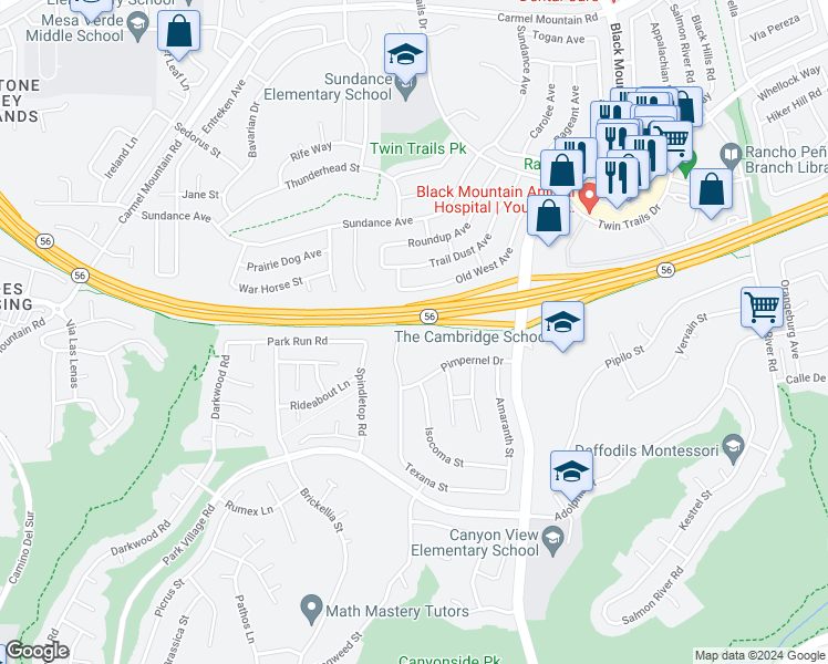 map of restaurants, bars, coffee shops, grocery stores, and more near 13054 Texana Street in San Diego
