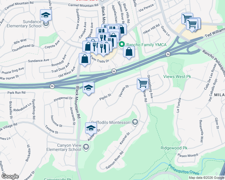 map of restaurants, bars, coffee shops, grocery stores, and more near 9470 Pipilo Street in San Diego
