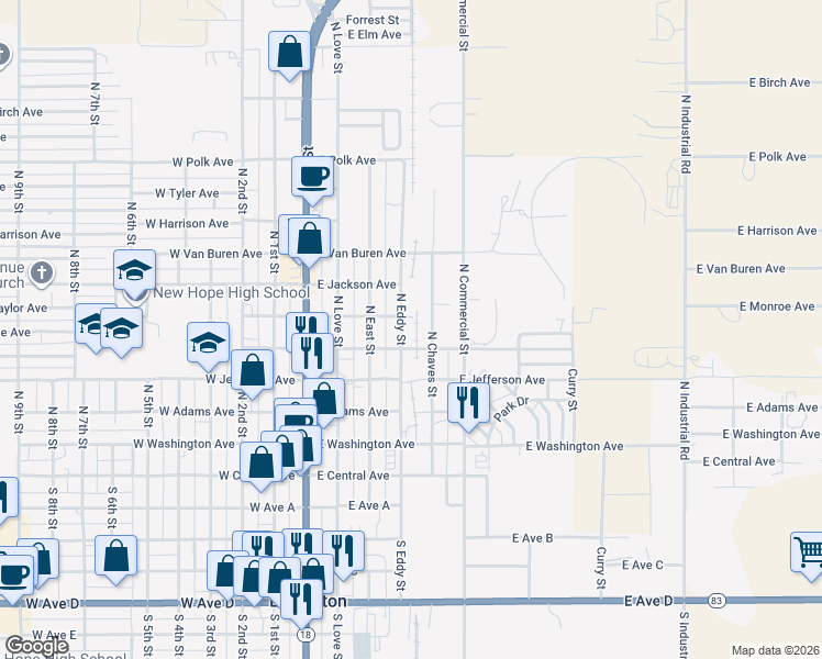 map of restaurants, bars, coffee shops, grocery stores, and more near 601-699 North Chaves Street in Lovington