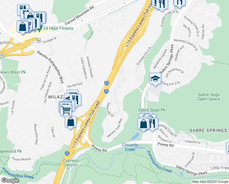 map of restaurants, bars, coffee shops, grocery stores, and more near 10884 Sabre Hill Drive in San Diego