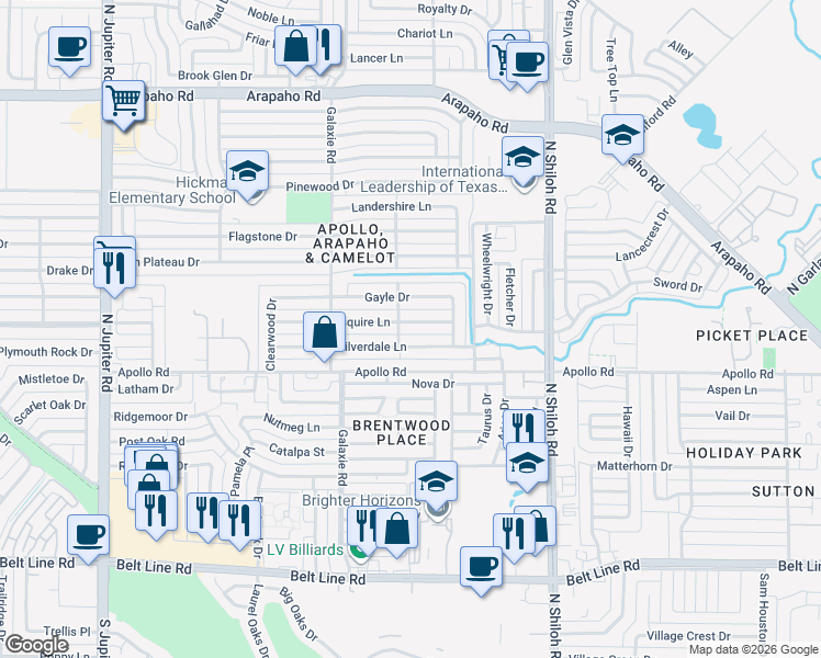 map of restaurants, bars, coffee shops, grocery stores, and more near 2805 Esquire Lane in Garland