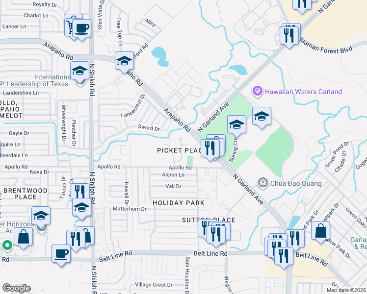 map of restaurants, bars, coffee shops, grocery stores, and more near 3928 Brandon Park Drive in Garland