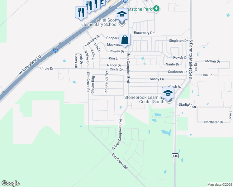 map of restaurants, bars, coffee shops, grocery stores, and more near 3316 Flatiron Drive in Royse City