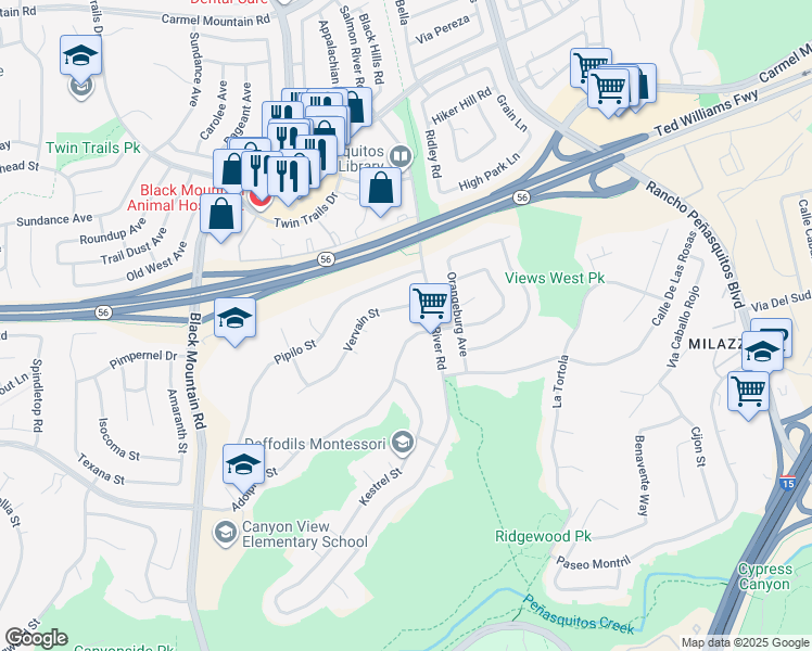 map of restaurants, bars, coffee shops, grocery stores, and more near 9581 Vervain Street in San Diego