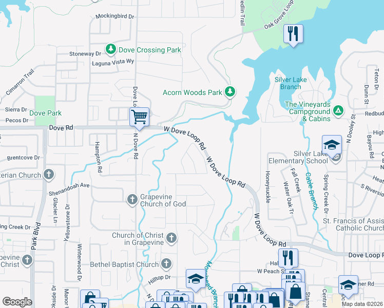map of restaurants, bars, coffee shops, grocery stores, and more near 1265 Canyon Lake in Grapevine