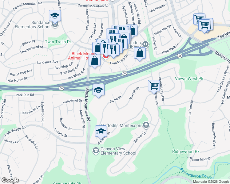 map of restaurants, bars, coffee shops, grocery stores, and more near 12996 Pipilo Court in San Diego