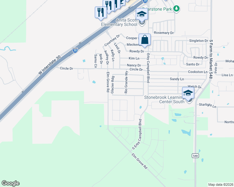 map of restaurants, bars, coffee shops, grocery stores, and more near 3432 Flatiron Drive in Royse City