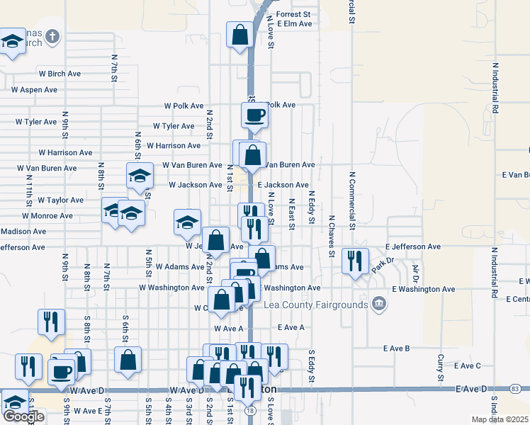 map of restaurants, bars, coffee shops, grocery stores, and more near 209 East Monroe Avenue in Lovington