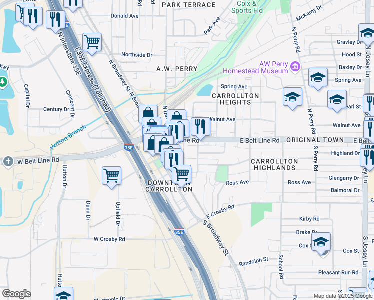 map of restaurants, bars, coffee shops, grocery stores, and more near in Carrollton