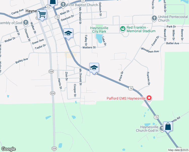 map of restaurants, bars, coffee shops, grocery stores, and more near 9777 U.S. 79 in Haynesville