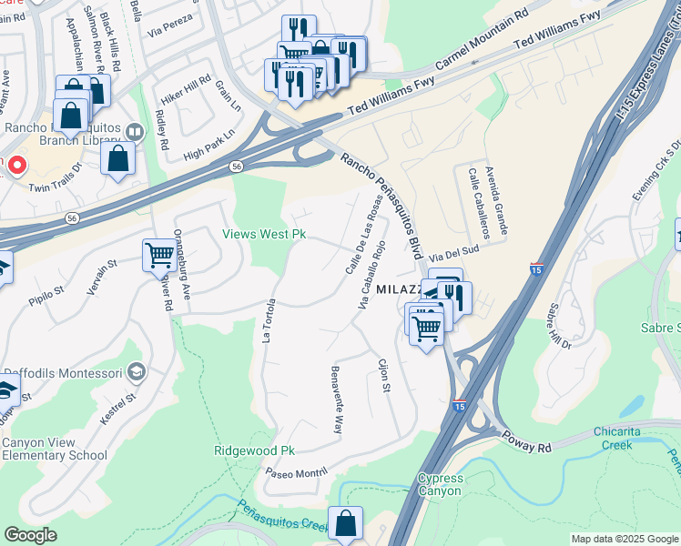 map of restaurants, bars, coffee shops, grocery stores, and more near 12940 Calle De Las Rosas in San Diego
