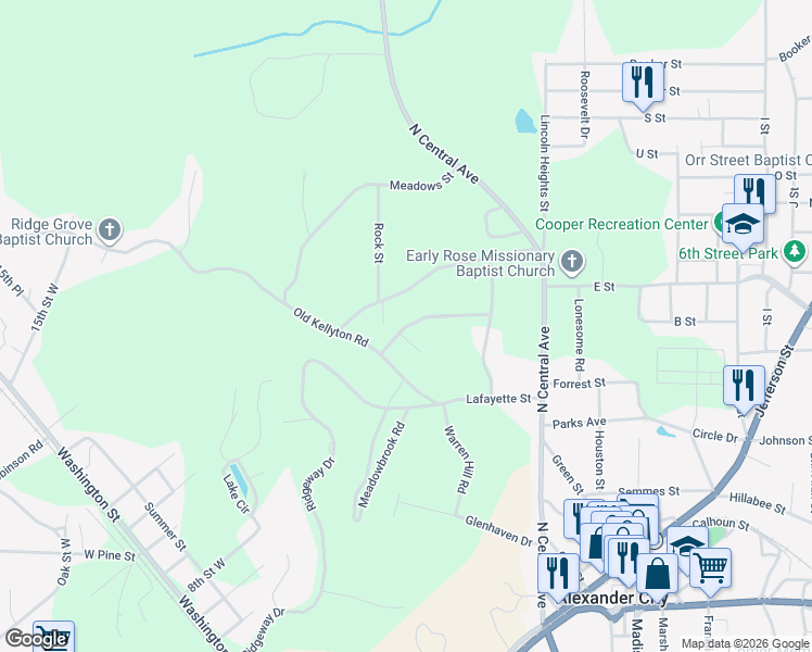 map of restaurants, bars, coffee shops, grocery stores, and more near 500 Maplewood Lane in Alexander City