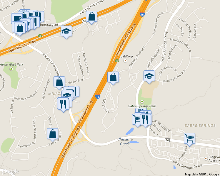 map of restaurants, bars, coffee shops, grocery stores, and more near 10884 Sabre Hill Drive in San Diego