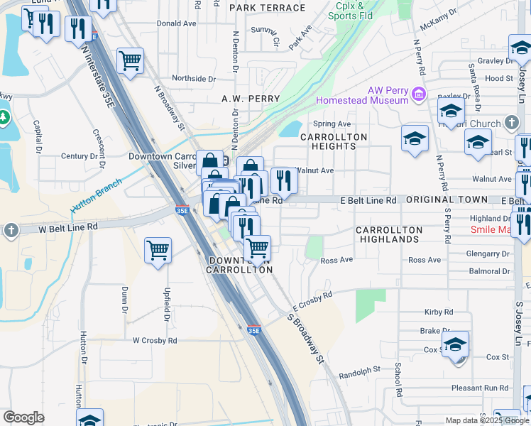 map of restaurants, bars, coffee shops, grocery stores, and more near in Carrollton