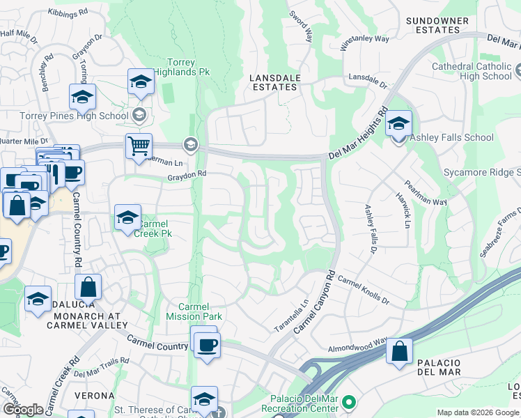 map of restaurants, bars, coffee shops, grocery stores, and more near 12813 Corbett Court in San Diego