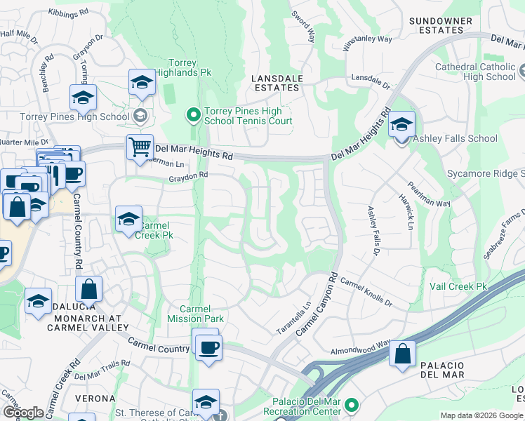 map of restaurants, bars, coffee shops, grocery stores, and more near 12813 Corbett Court in San Diego
