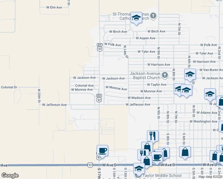 map of restaurants, bars, coffee shops, grocery stores, and more near 1500 West Monroe Avenue in Lovington