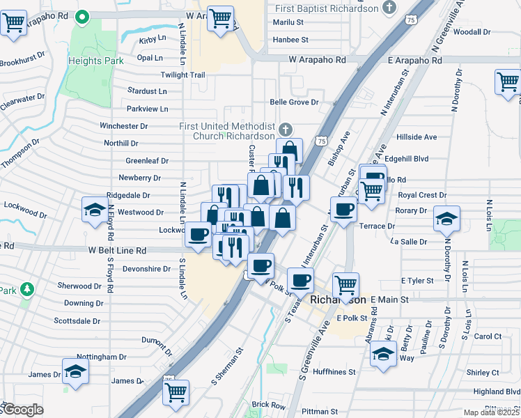 map of restaurants, bars, coffee shops, grocery stores, and more near 320 Custer Road in Richardson