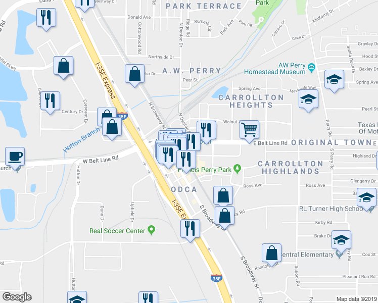 map of restaurants, bars, coffee shops, grocery stores, and more near 1110 South Main Street in Carrollton