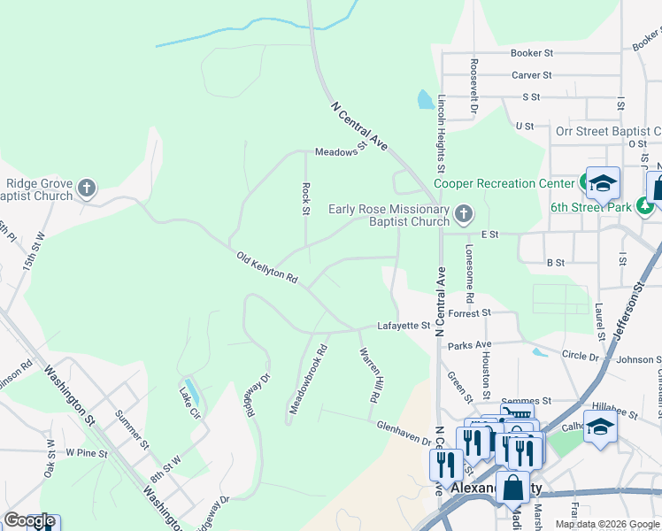 map of restaurants, bars, coffee shops, grocery stores, and more near 500-528 Maplewood Lane in Alexander City