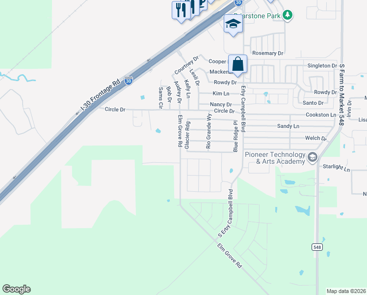 map of restaurants, bars, coffee shops, grocery stores, and more near 1552 Glacier Ridge in Royse City