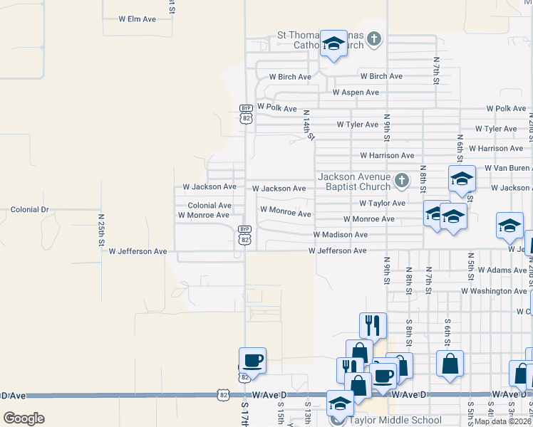 map of restaurants, bars, coffee shops, grocery stores, and more near 1500 West Monroe Avenue in Lovington