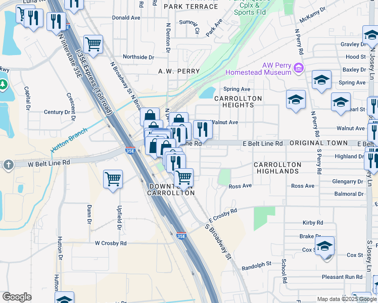 map of restaurants, bars, coffee shops, grocery stores, and more near 1011 South Main Street in Carrollton