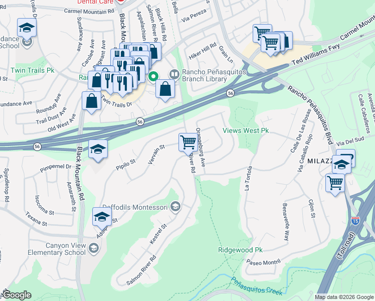 map of restaurants, bars, coffee shops, grocery stores, and more near 12930 Salmon River Road in San Diego
