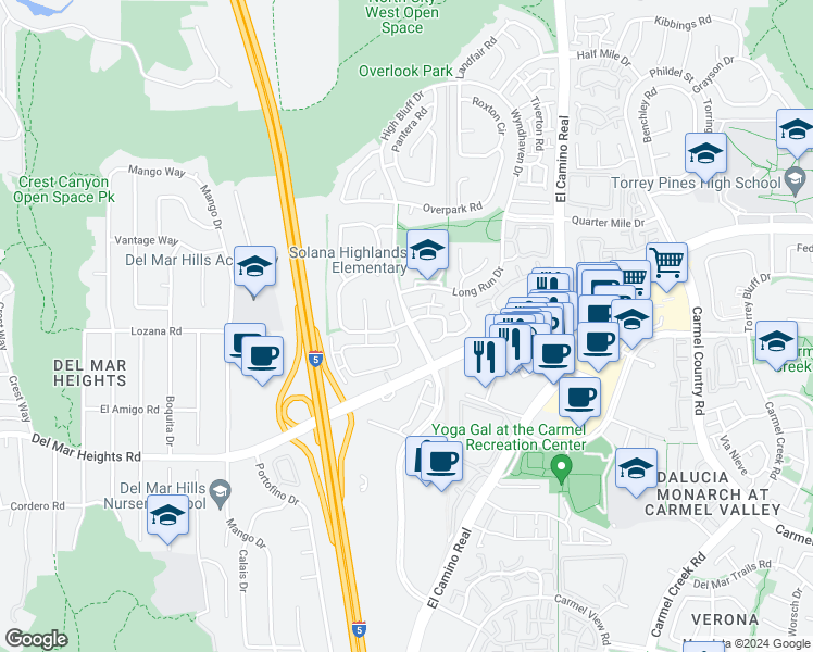 map of restaurants, bars, coffee shops, grocery stores, and more near 3434 Voyager Circle in San Diego