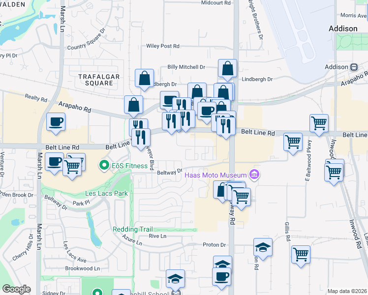 map of restaurants, bars, coffee shops, grocery stores, and more near 4100 Belt Line Road in Addison