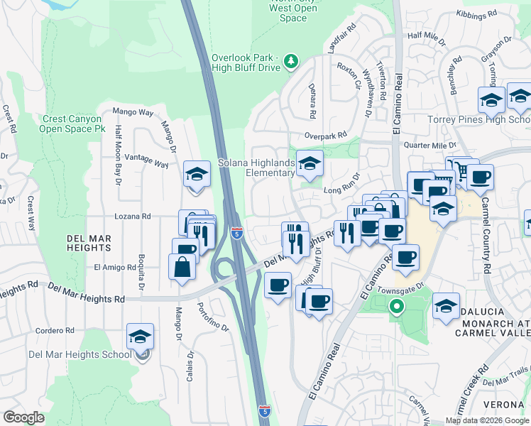 map of restaurants, bars, coffee shops, grocery stores, and more near 13044 Walking Path Place in San Diego