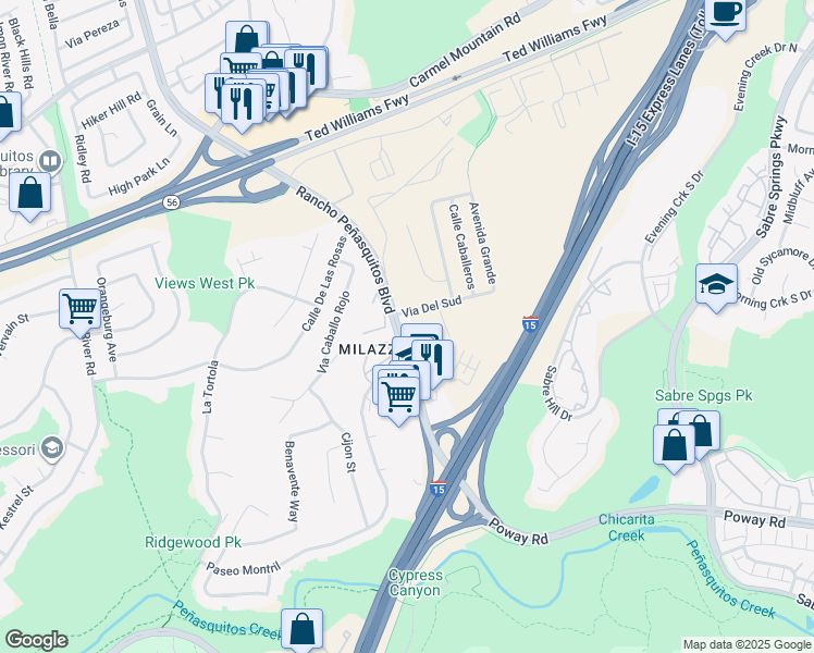 map of restaurants, bars, coffee shops, grocery stores, and more near 12979 Rancho Peñasquitos Boulevard in San Diego