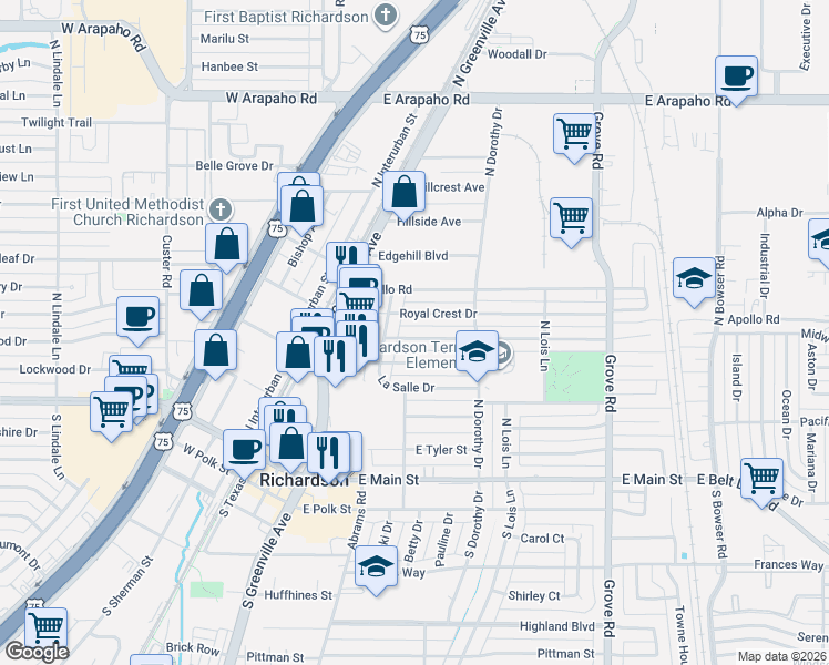 map of restaurants, bars, coffee shops, grocery stores, and more near 416 Royal Crest Drive in Richardson
