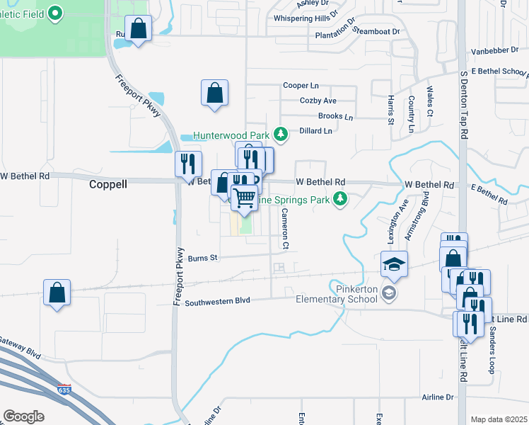 map of restaurants, bars, coffee shops, grocery stores, and more near 718 South Coppell Road in Coppell