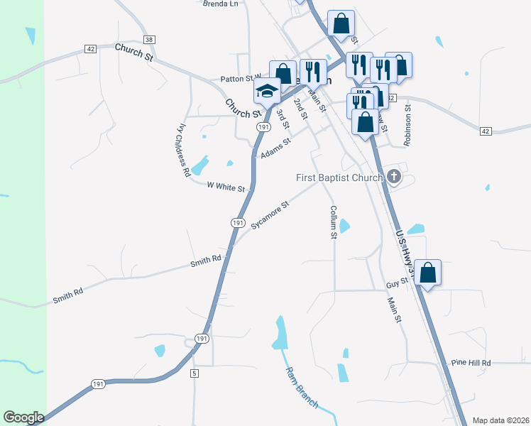 map of restaurants, bars, coffee shops, grocery stores, and more near 522 Sycamore Street in Jemison