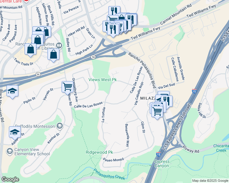 map of restaurants, bars, coffee shops, grocery stores, and more near 12927 La Tortola in San Diego
