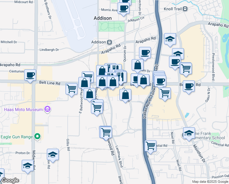 map of restaurants, bars, coffee shops, grocery stores, and more near 4900 Belt Line Road in Dallas