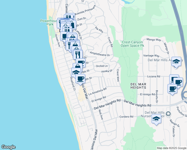 map of restaurants, bars, coffee shops, grocery stores, and more near 434 8th Street in Del Mar