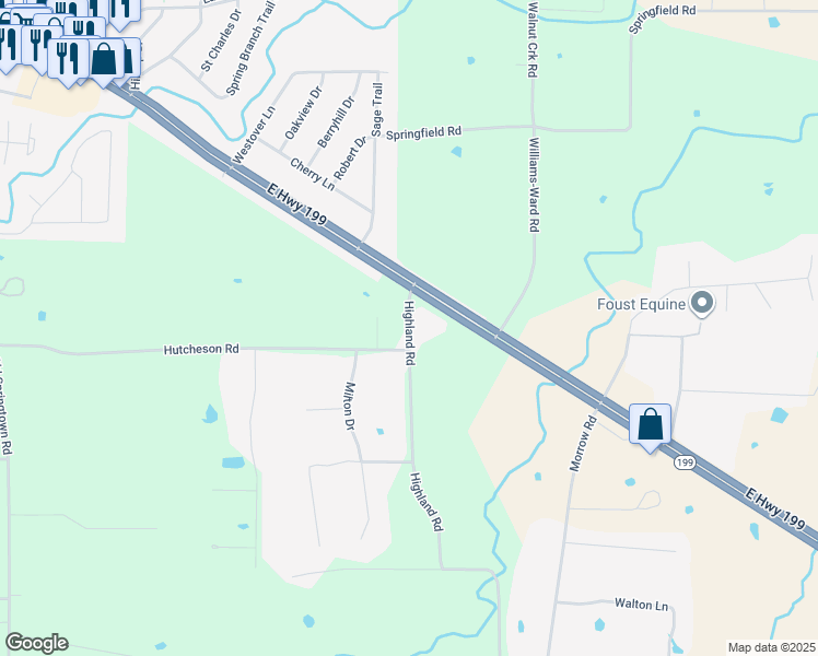 map of restaurants, bars, coffee shops, grocery stores, and more near 191 Highland Road in Springtown