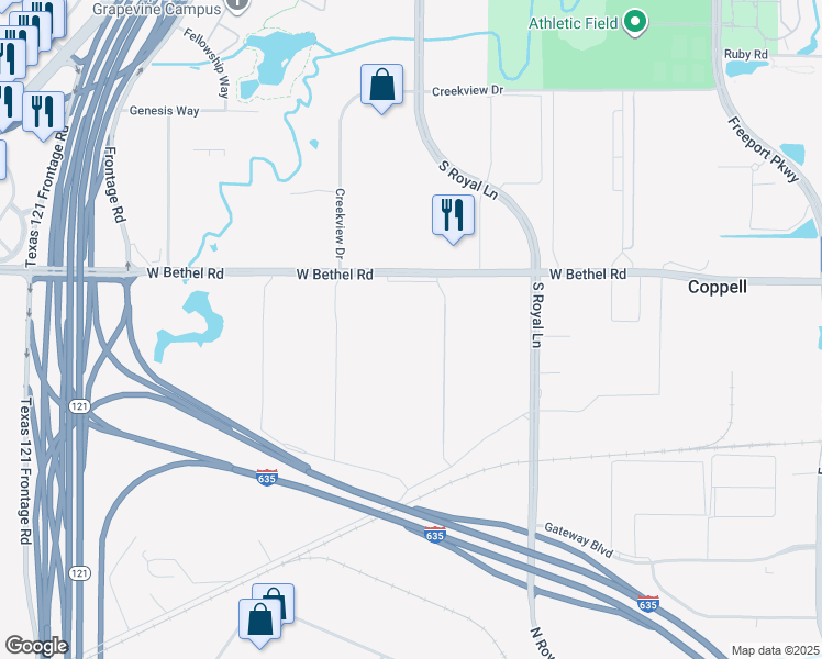 map of restaurants, bars, coffee shops, grocery stores, and more near in Coppell