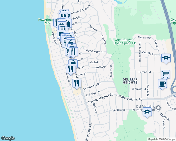 map of restaurants, bars, coffee shops, grocery stores, and more near 434 8th Street in Del Mar