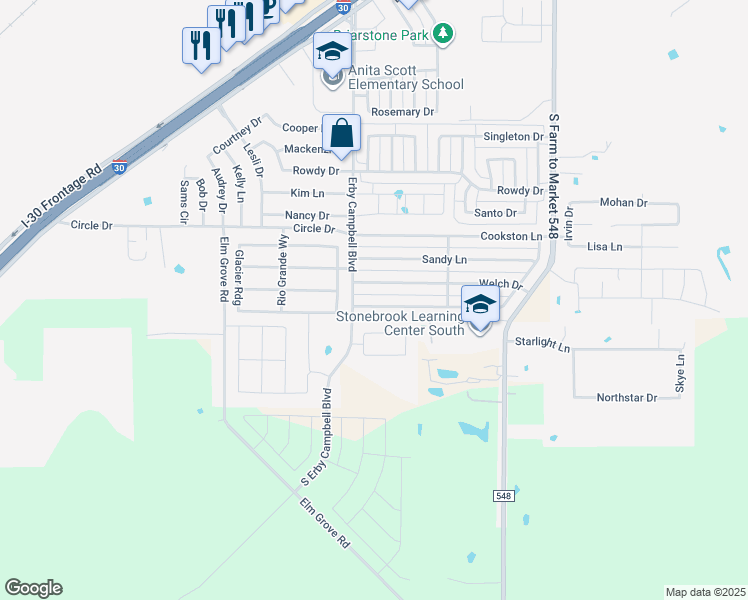 map of restaurants, bars, coffee shops, grocery stores, and more near 521 Welch Drive in Royse City