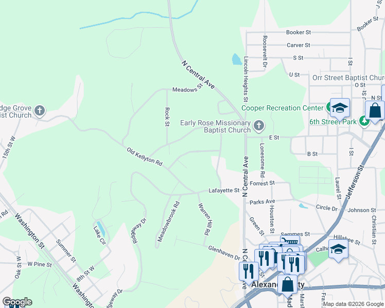 map of restaurants, bars, coffee shops, grocery stores, and more near 255 Locust Street in Alexander City