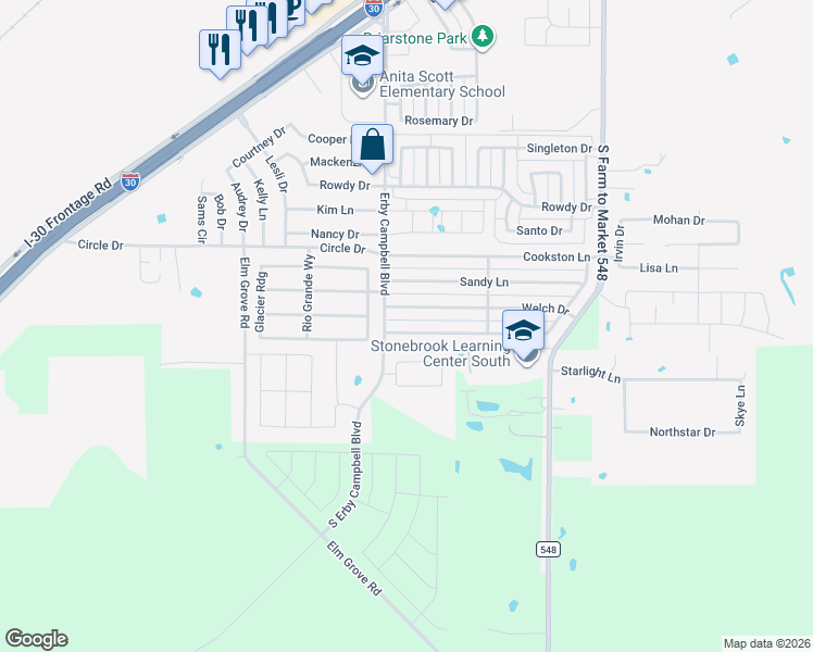 map of restaurants, bars, coffee shops, grocery stores, and more near 504 Ame Lane in Royse City