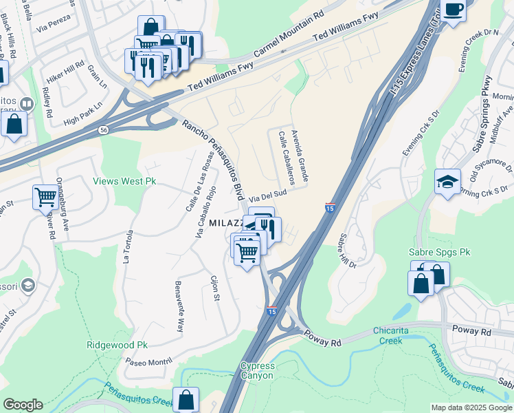 map of restaurants, bars, coffee shops, grocery stores, and more near 12979 Rancho Peñasquitos Boulevard in San Diego