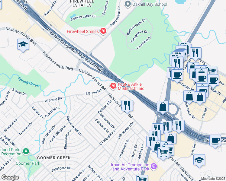 map of restaurants, bars, coffee shops, grocery stores, and more near 3900 Naaman School Road in Garland